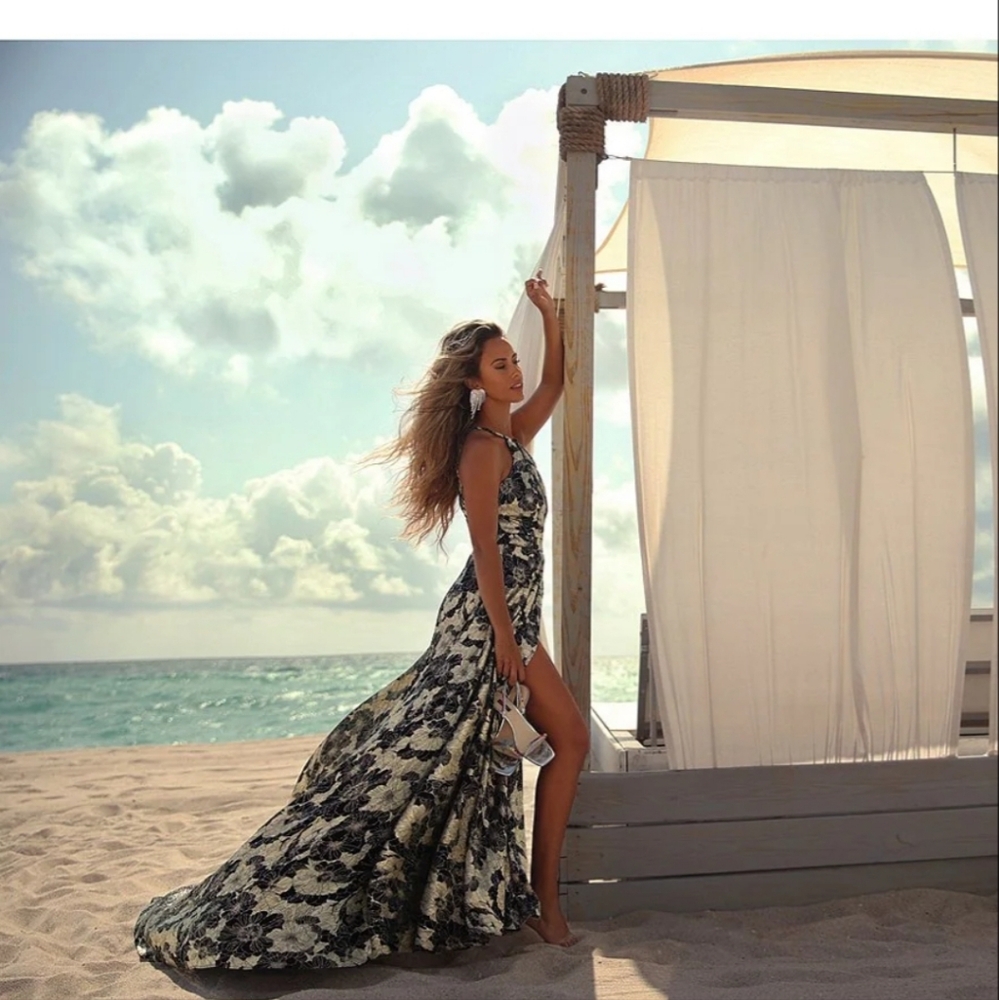 Betsy & Adam  Metallic Crinkle Sleeveless Halter Neck Foil Floral Print A-Line G - Picture 7 of 12